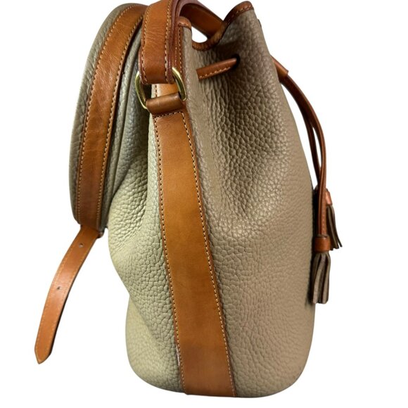 Vintage Dooney & Bourke All Weather Leather Bucket Bag Taupe Tan Drawstring - Picture 9 of 16